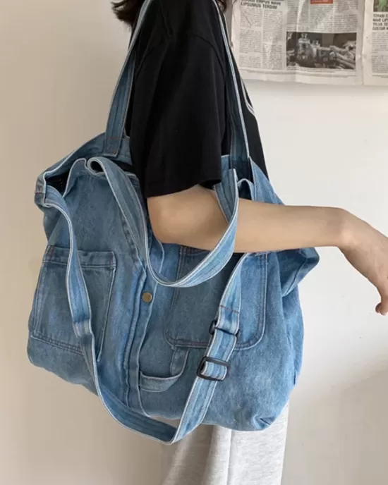 Casual Denim Split-Joint Solid Color Bags Accessories