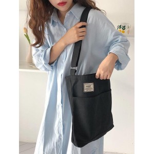 Simple Solid Color With-pockets Canvas Handbag