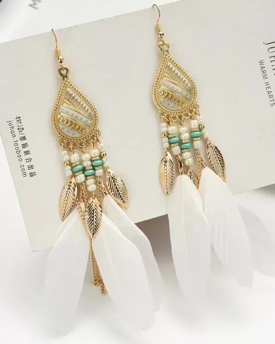 National Original Feather Tassels Beads 6 Colors Earrings