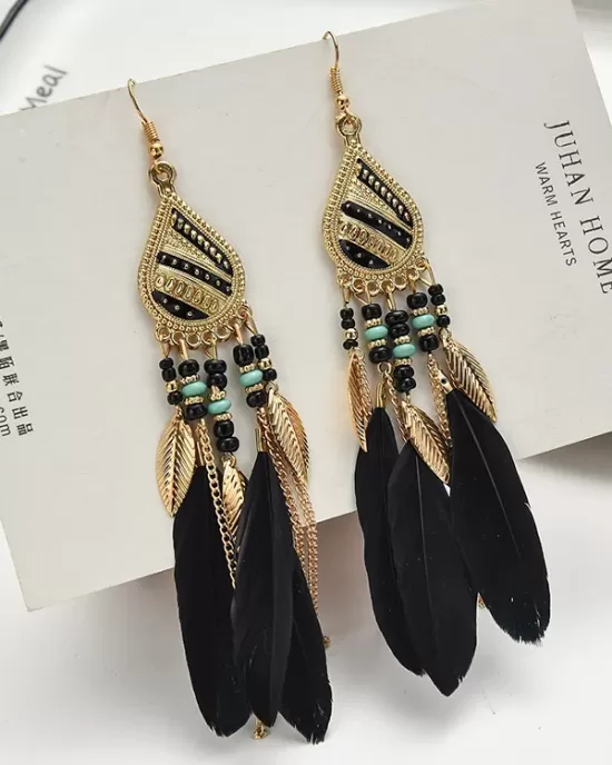 National Original Feather Tassels Beads 6 Colors Earrings