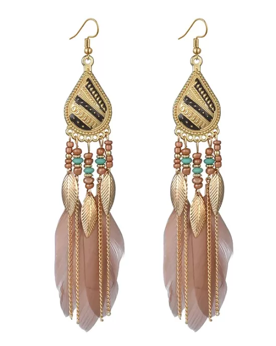 National Original Feather Tassels Beads 6 Colors Earrings