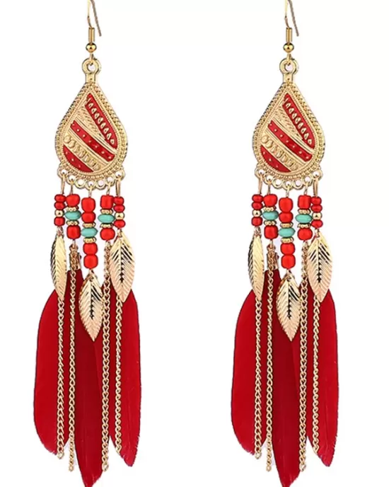 National Original Feather Tassels Beads 6 Colors Earrings