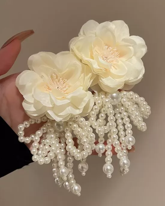 Flower-Embellished Imitation Pearl  Tasseled Earrings Accessories