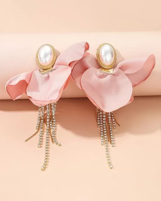 Flower Shape Rhinestone Tasseled Earrings Accessories