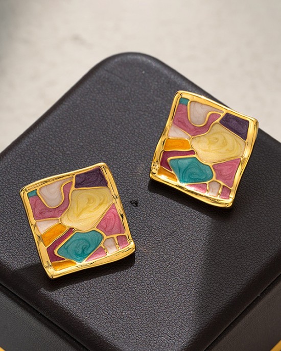 Multi-Colored Enamel Oil Painting Style Square Earrings