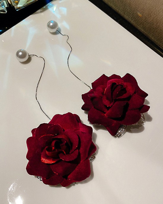 Vintage Red Rose Floral Pearl Earrings Accessories