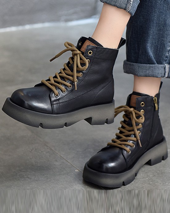 Cow Leather Lace-Up Zipper Martin Booties