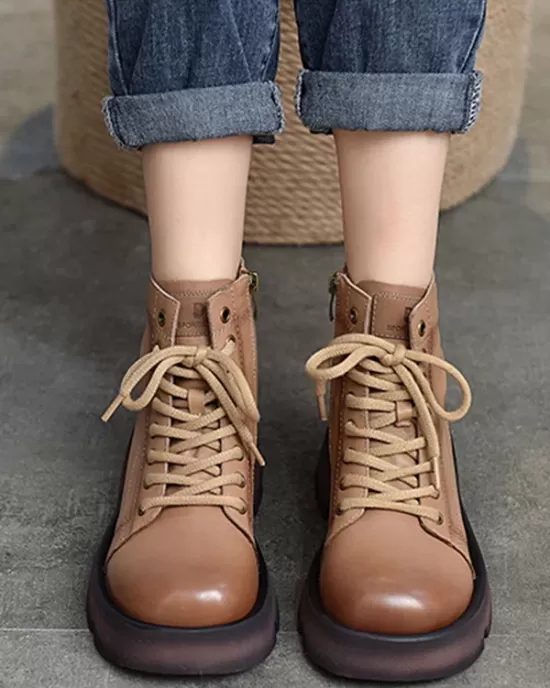 Cow Leather Lace-Up Zipper Martin Booties