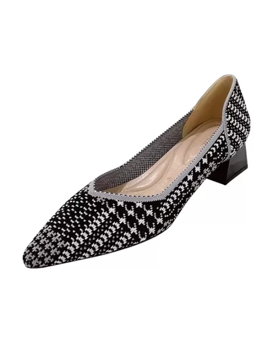 Contrast Color Houndstooth Pointed-Toe V-Cut Pumps