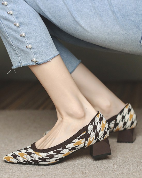 Contrast Color Houndstooth Pointed-Toe Round Cut Pumps Mid Heels