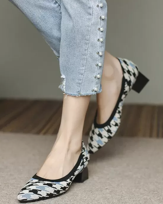 Contrast Color Houndstooth Pointed-Toe Round Cut Pumps Mid Heels