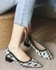 Contrast Color Houndstooth Pointed-Toe Round Cut Pumps Mid Heels