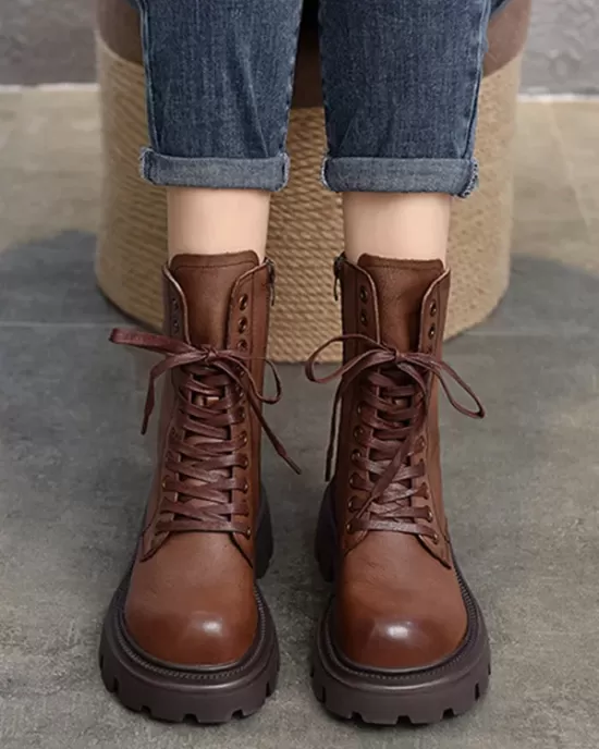 Vintage Cow Leather Mid Heels Height Boots