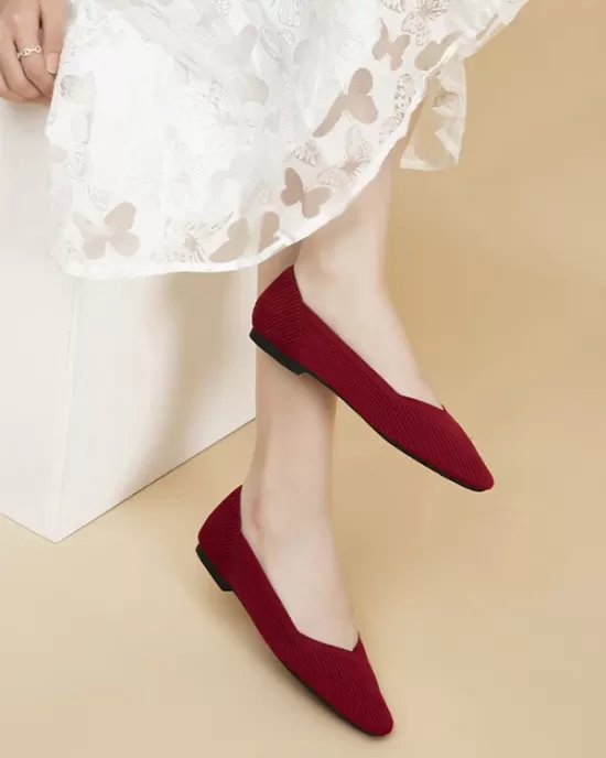 Solid Color Split-Joint Square-Toe V-Cut Flat Shoes