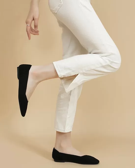 Solid Color Split-Joint Square-Toe V-Cut Flat Shoes