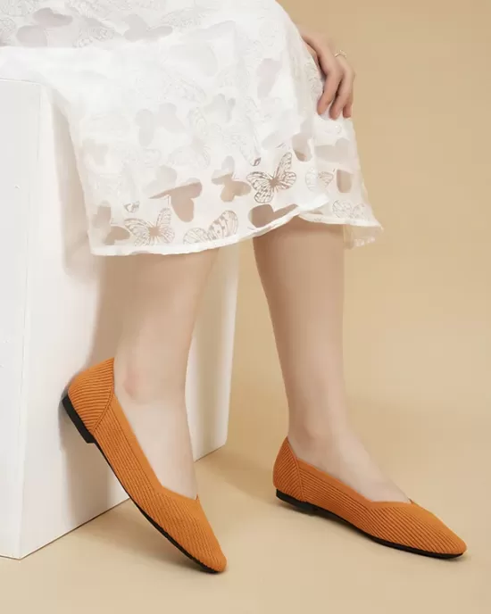 Solid Color Split-Joint Square-Toe V-Cut Flat Shoes