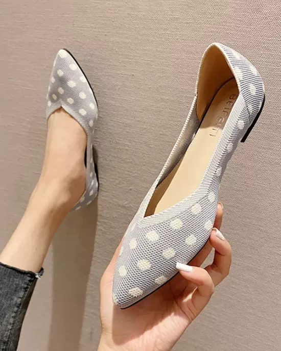 Contrast Color Pointed-Toe Polka-Dot V-Cut Low Heels Flat Shoes