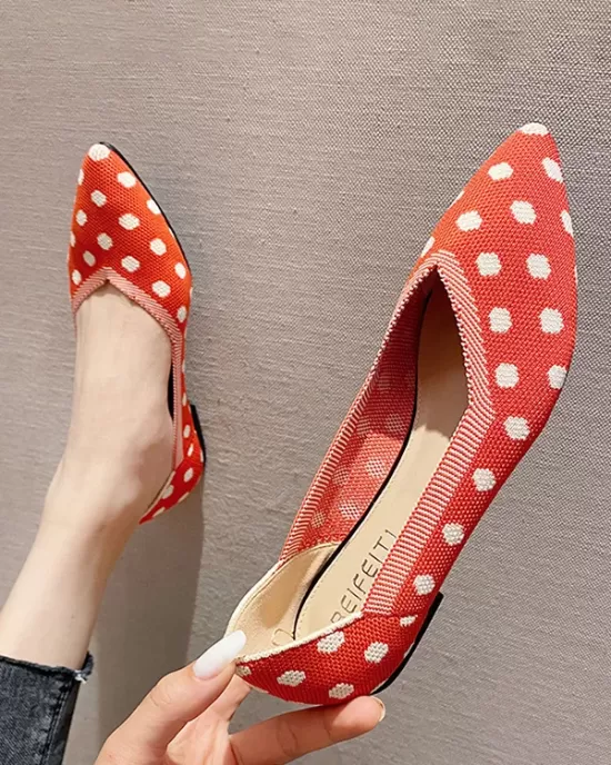 Contrast Color Pointed-Toe Polka-Dot V-Cut Low Heels Flat Shoes