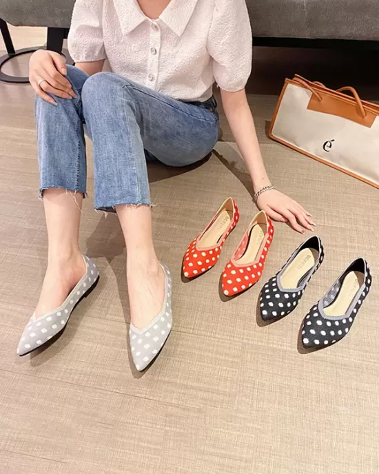 Contrast Color Pointed-Toe Polka-Dot V-Cut Low Heels Flat Shoes