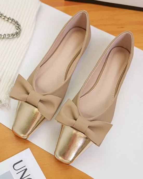 Bowknot Contrast Color Shallow Cut Split-Joint Square-Toe Flats