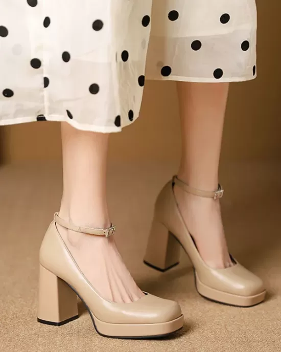 Lace-Up Shallow Cut Square-Toe Pumps Mary Janes