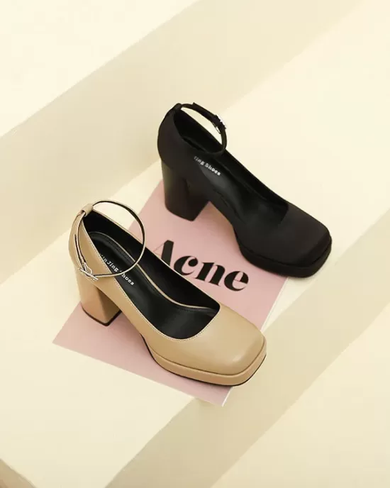 Lace-Up Shallow Cut Square-Toe Pumps Mary Janes