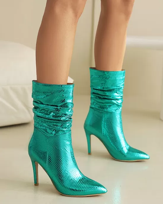 Pleated Snakeskin Printed Solid Color Split-Joint Pumps Boots