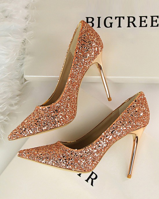 Pointed-Toe Sequined Shallow Cut Pumps