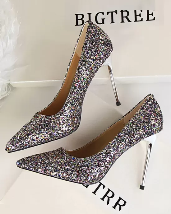 Pointed-Toe Sequined Shallow Cut Pumps