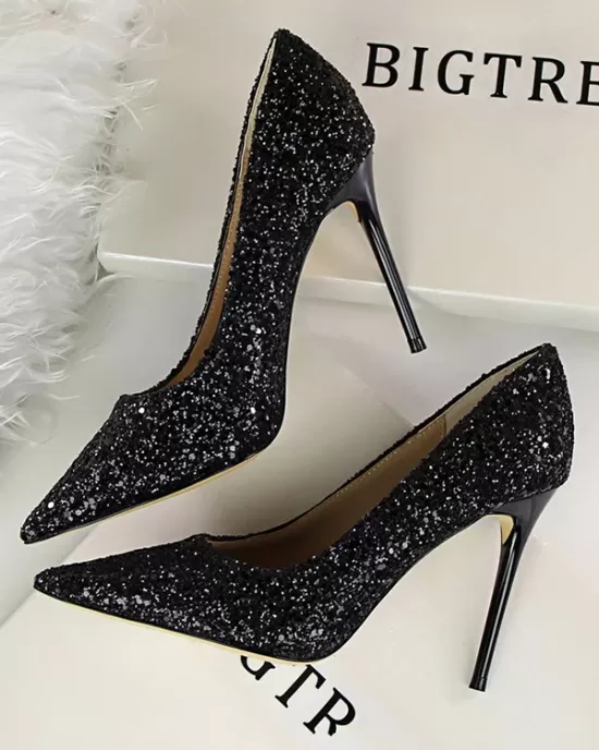 Pointed-Toe Sequined Shallow Cut Pumps