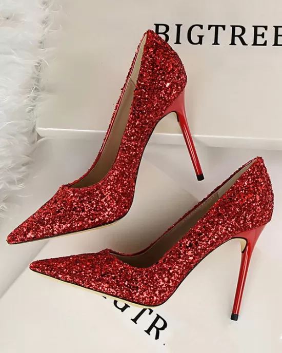 Pointed-Toe Sequined Shallow Cut Pumps