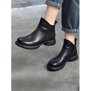 Round-Toe Solid Color Zipper Boots