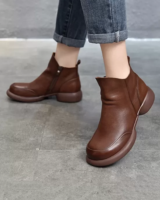 Round-Toe Solid Color Zipper Boots