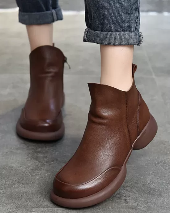 Round-Toe Solid Color Zipper Boots