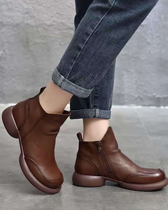 Round-Toe Solid Color Zipper Boots