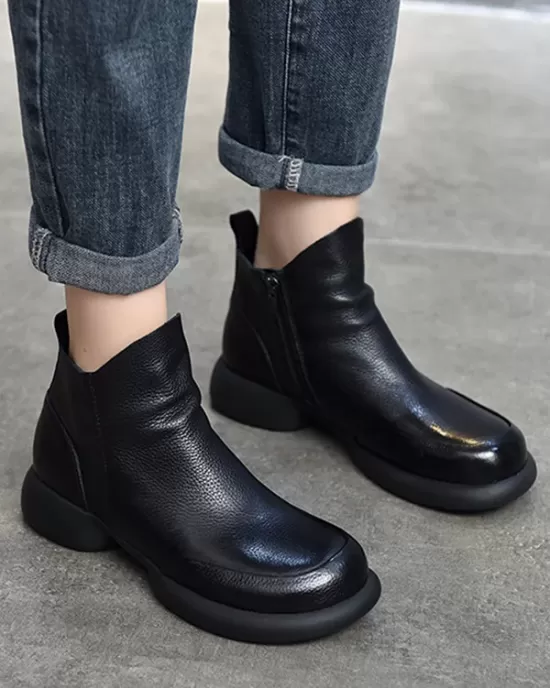 Round-Toe Solid Color Zipper Boots