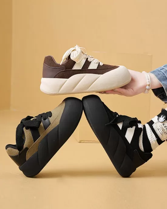 Lace-Up Round-Toe Split-Joint Flat Shoes