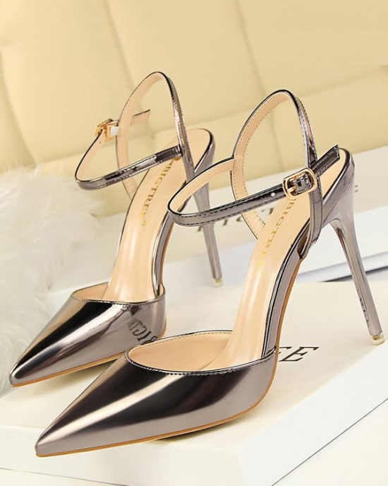 Belt Buckle Pointed-Toe Shiny Split-Joint Sandals Pumps