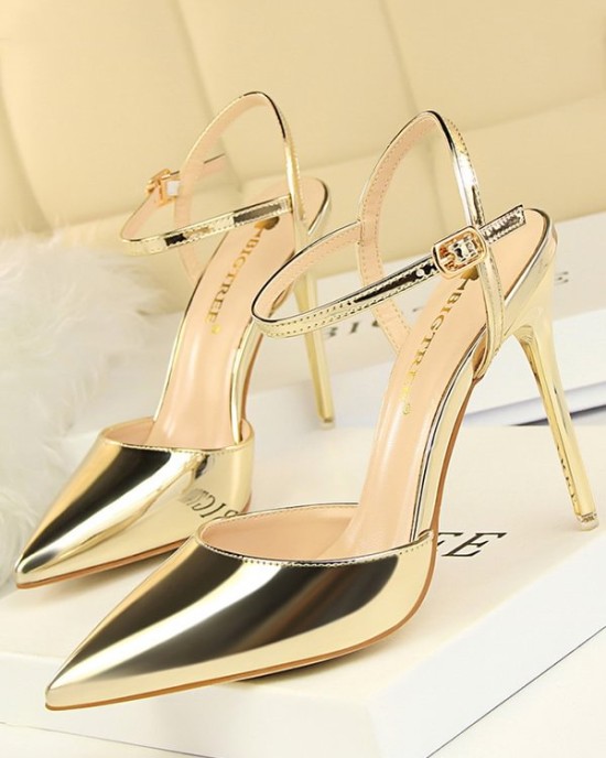 Belt Buckle Pointed-Toe Shiny Split-Joint Sandals Pumps