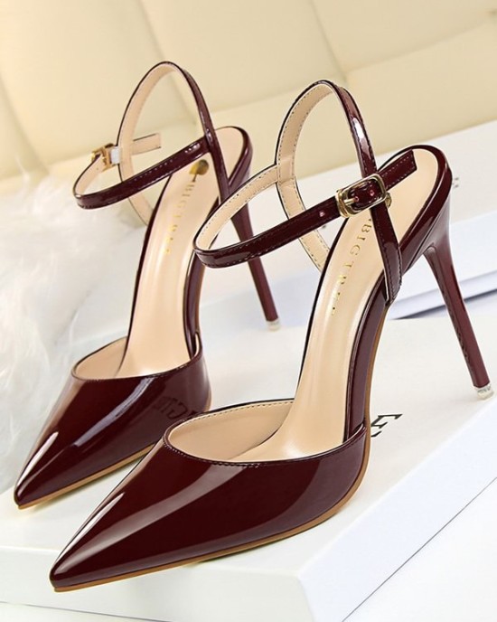 Belt Buckle Pointed-Toe Shiny Split-Joint Sandals Pumps