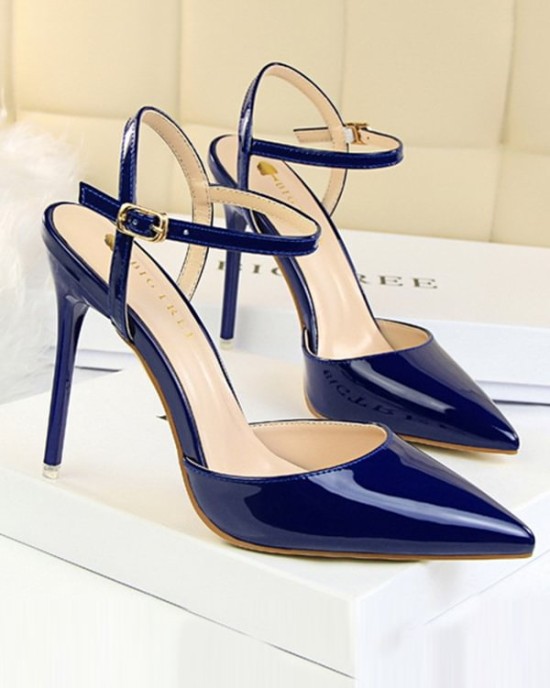 Belt Buckle Pointed-Toe Shiny Split-Joint Sandals Pumps