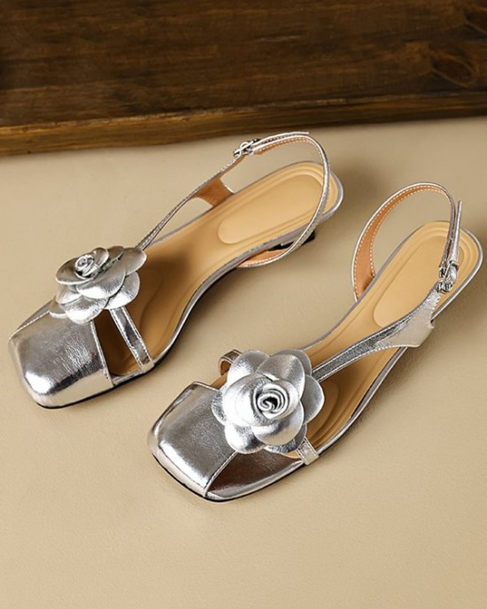 Belt Buckle Flower Shape Hollow Split-Joint Square-Toe Sandals