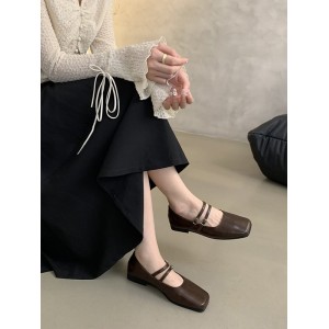 Belt Buckle Shallow Cut Split-Joint Square-Toe Mary Janes Flats