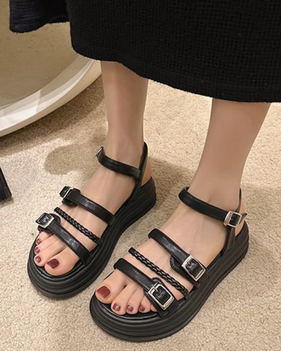 Belt Buckle Lace-Up Round-Toe Split-Joint Sandals Platform Shoes