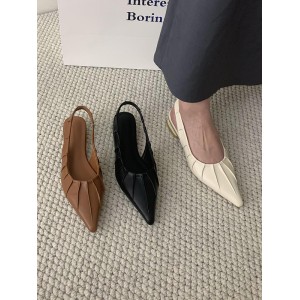 Pleated Pointed-Toe Solid Color Split-Joint Sling Shoes Sandals