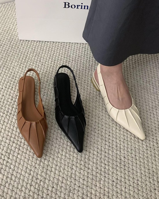 Pleated Pointed-Toe Solid Color Split-Joint Sling Shoes Sandals