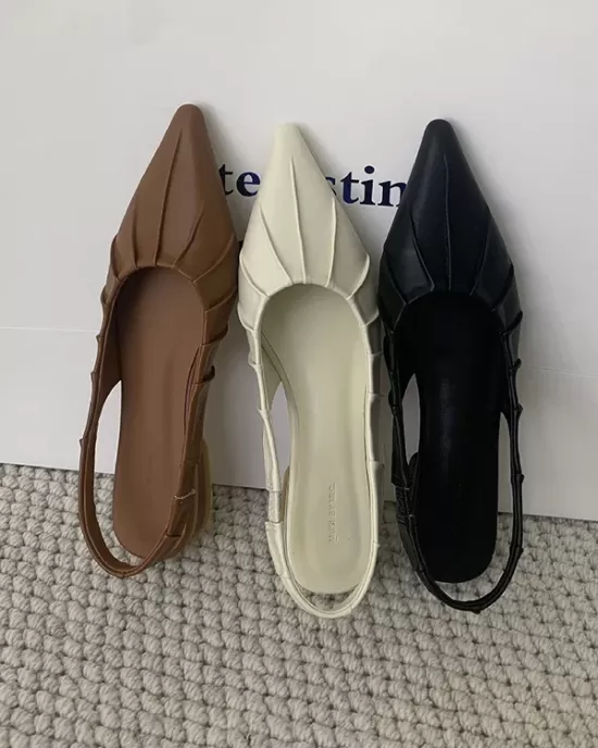 Pleated Pointed-Toe Solid Color Split-Joint Sling Shoes Sandals