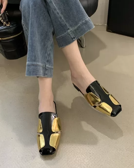 Contrast Color Hollow Split-Joint Square-Toe Slippers&Mules Sandals