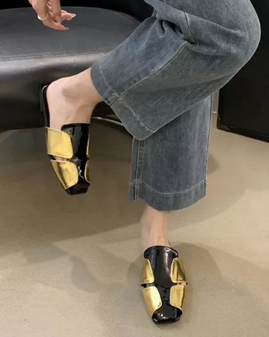 Contrast Color Hollow Split-Joint Square-Toe Slippers&Mules Sandals