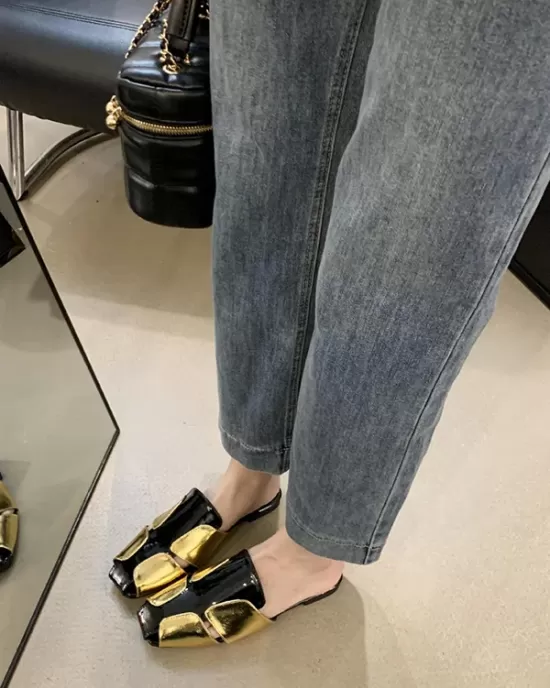 Contrast Color Hollow Split-Joint Square-Toe Slippers&Mules Sandals